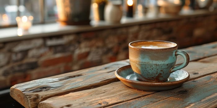 A cup of creamy coffee on a rustic wooden table of cozy cafe bar.