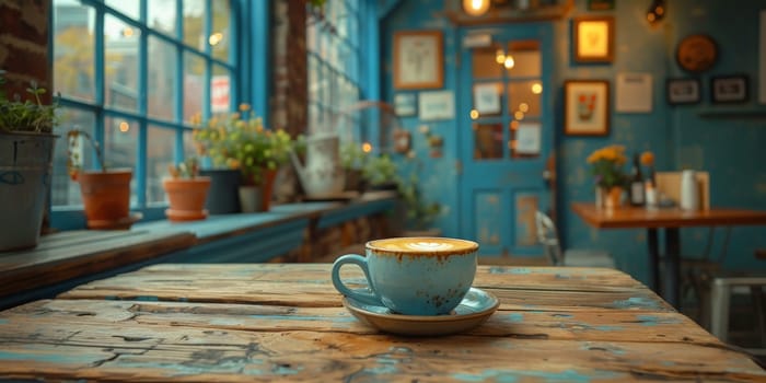 A cup of creamy coffee on a rustic wooden table of cozy cafe bar.