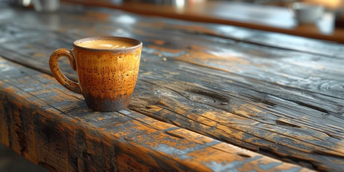 A cup of creamy coffee on a rustic wooden table of cozy cafe bar.