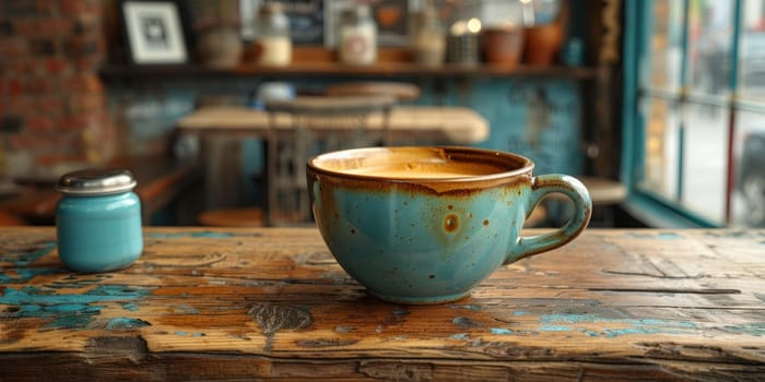 A cup of creamy coffee on a rustic wooden table of cozy cafe bar.