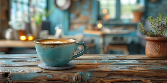 A cup of creamy coffee on a rustic wooden table of cozy cafe bar.