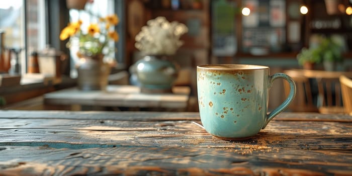 A cup of creamy coffee on a rustic wooden table of cozy cafe bar.