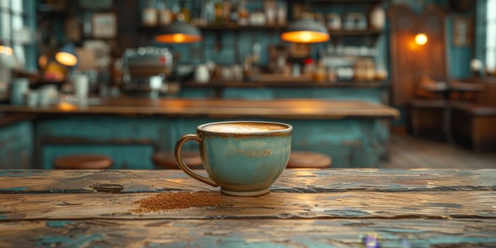 A cup of creamy coffee on a rustic wooden table of cozy cafe bar.