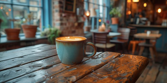 A cup of creamy coffee on a rustic wooden table of cozy cafe bar.