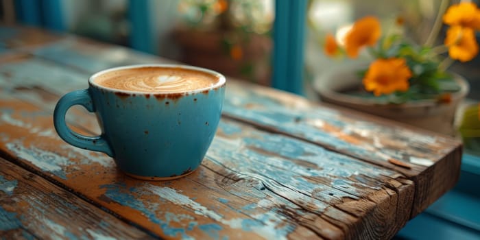 A cup of creamy coffee on a rustic wooden table of cozy cafe bar.