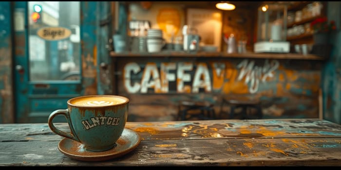 A cup of creamy coffee on a rustic wooden table of cozy cafe bar.