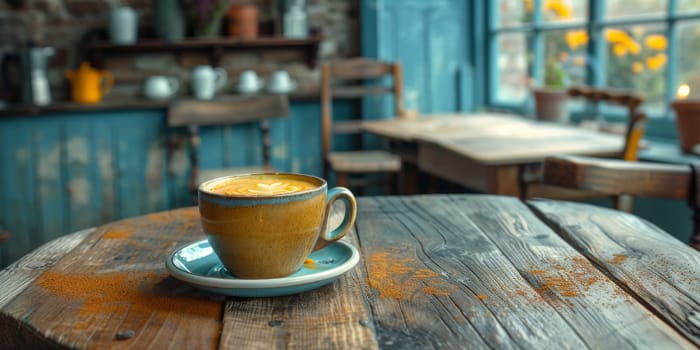 A cup of creamy coffee on a rustic wooden table of cozy cafe bar.