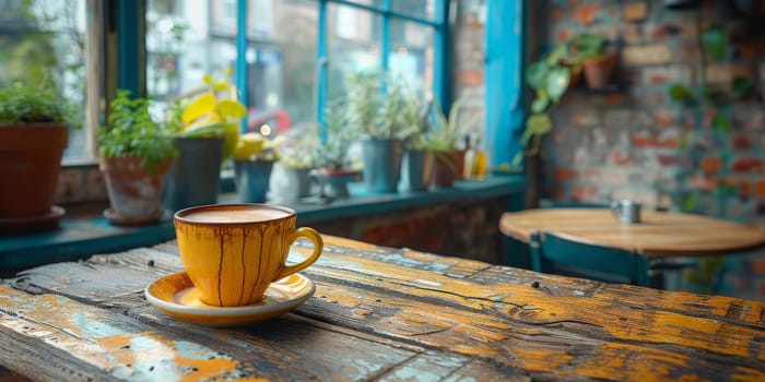 A cup of creamy coffee on a rustic wooden table of cozy cafe bar.