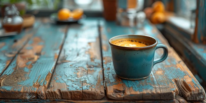 A cup of creamy coffee on a rustic wooden table of cozy cafe bar.