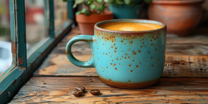 A cup of creamy coffee on a rustic wooden table of cozy cafe bar.