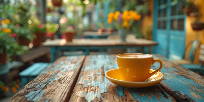 A cup of creamy coffee on a rustic wooden table of cozy cafe bar.