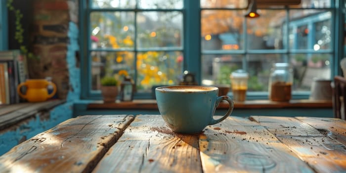 A cup of creamy coffee on a rustic wooden table of cozy cafe bar.