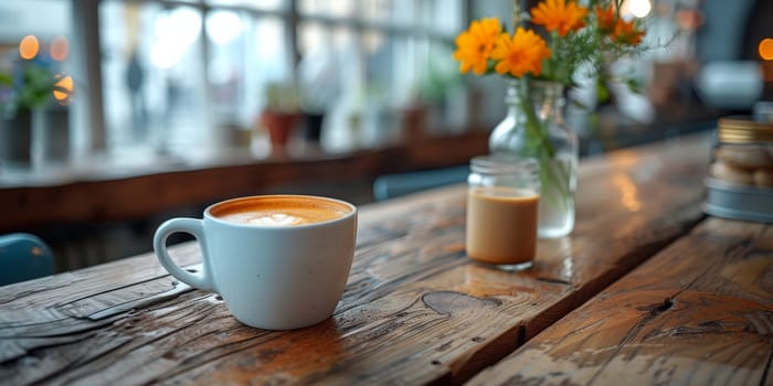 A cup of creamy coffee on a rustic wooden table of cozy cafe bar.