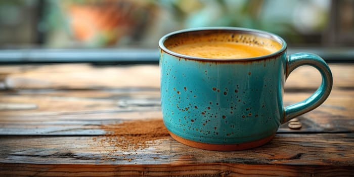 A cup of creamy coffee on a rustic wooden table of cozy cafe bar.