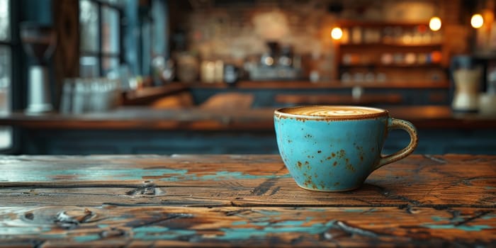 A cup of creamy coffee on a rustic wooden table of cozy cafe bar.