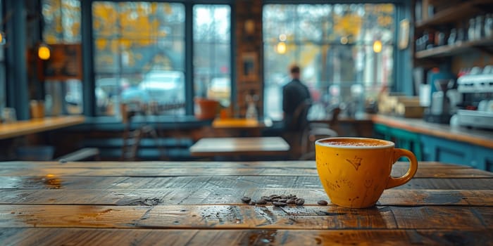 A cup of creamy coffee on a rustic wooden table of cozy cafe bar.