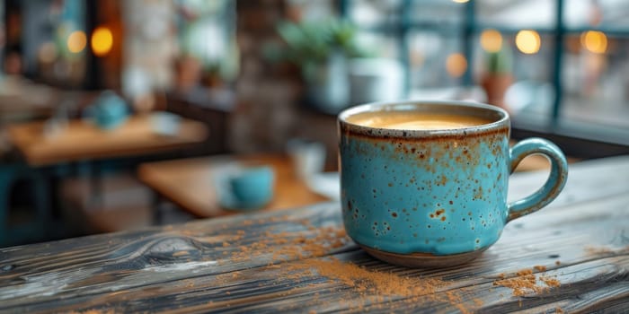 A cup of creamy coffee on a rustic wooden table of cozy cafe bar.