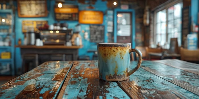 A cup of creamy coffee on a rustic wooden table of cozy cafe bar.