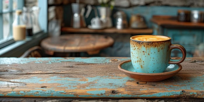 A cup of creamy coffee on a rustic wooden table of cozy cafe bar.