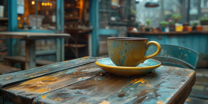 A cup of creamy coffee on a rustic wooden table of cozy cafe bar.