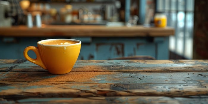 A cup of creamy coffee on a rustic wooden table of cozy cafe bar.