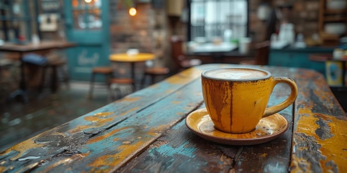 A cup of creamy coffee on a rustic wooden table of cozy cafe bar.