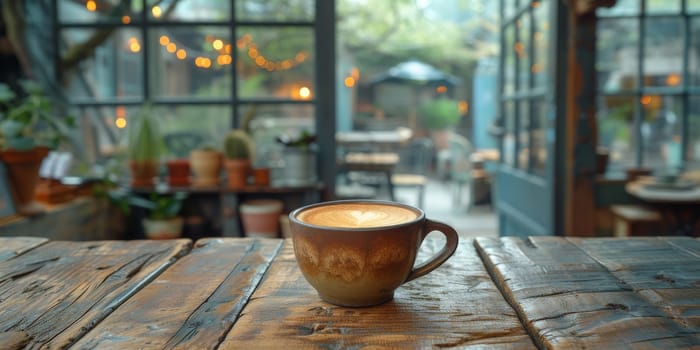 A cup of creamy coffee on a rustic wooden table of cozy cafe bar.