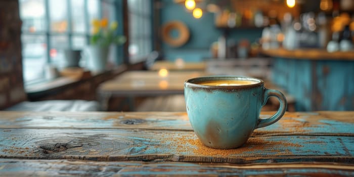 A cup of creamy coffee on a rustic wooden table of cozy cafe bar.