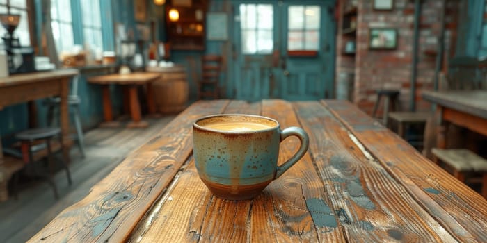 A cup of creamy coffee on a rustic wooden table of cozy cafe bar.