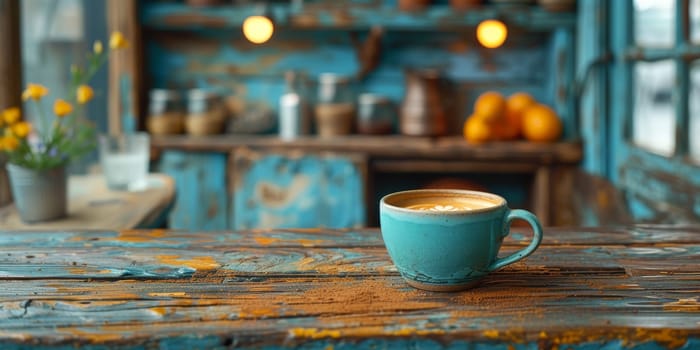 A cup of creamy coffee on a rustic wooden table of cozy cafe bar.