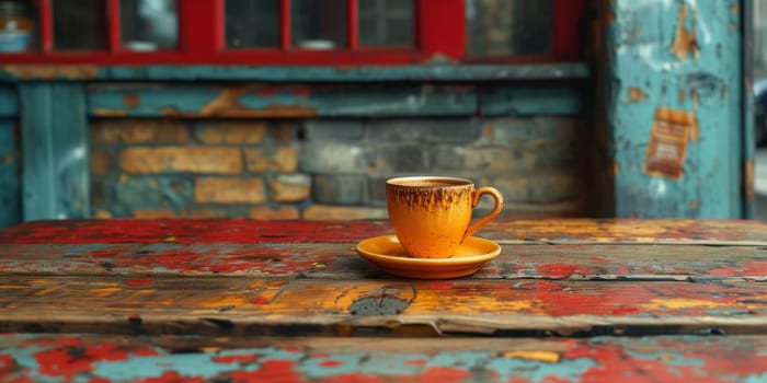 A cup of creamy coffee on a rustic wooden table of cozy cafe bar.