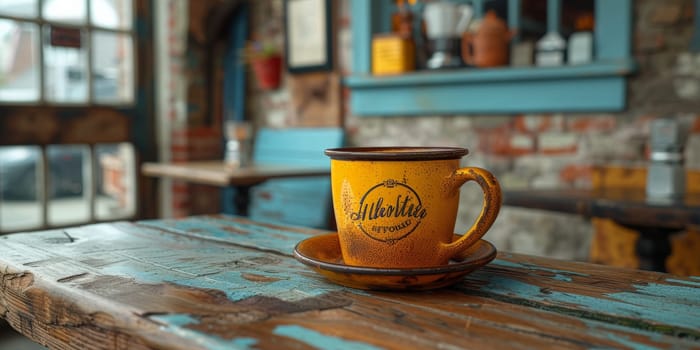 A cup of creamy coffee on a rustic wooden table of cozy cafe bar.