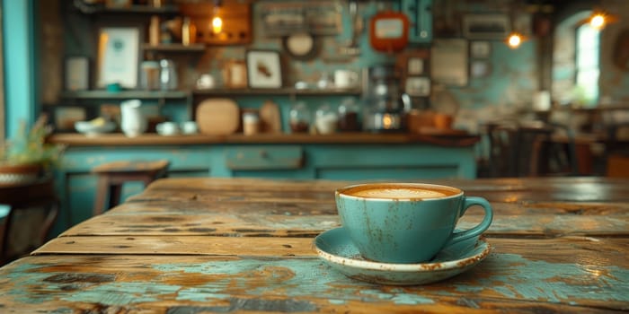 A cup of creamy coffee on a rustic wooden table of cozy cafe bar.