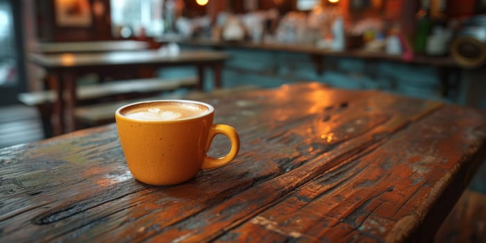 A cup of creamy coffee on a rustic wooden table of cozy cafe bar.