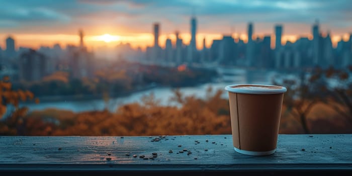 Cup of Coffee on the balcony with view on the city skyline