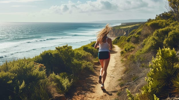 A woman enjoys leisurely running along a coastal path, surrounded by the natural landscape of ocean, sky, plants, beach, and grass. AIG41