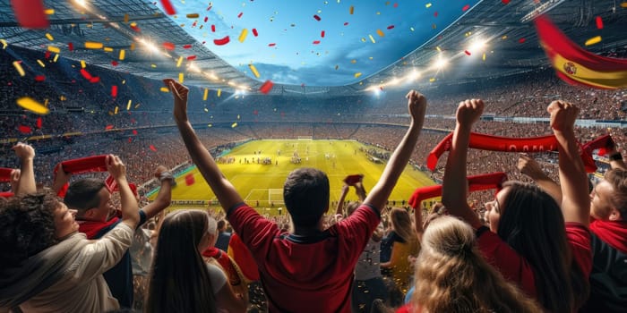 A group of soccer fans at a sports event, standing in a stadium with arms raised in a gesture of leisure and entertainment, engaged in a thrilling football competition. AIG41