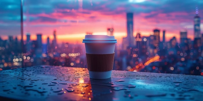 Cup of Coffee on the balcony with view on the city skyline