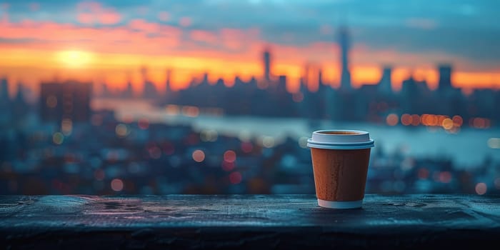 Cup of Coffee on the balcony with view on the city skyline