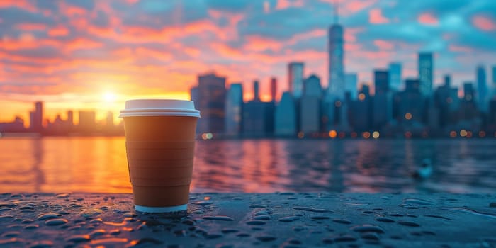 Cup of Coffee on the balcony with view on the city skyline