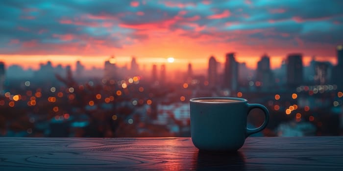 Cup of Coffee on the balcony with view on the city skyline