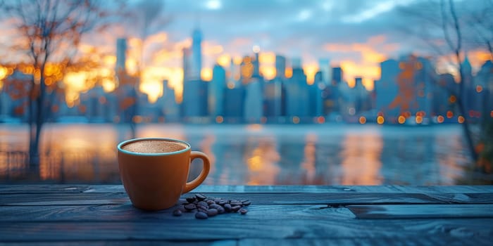 Cup of Coffee on the balcony with view on the city skyline