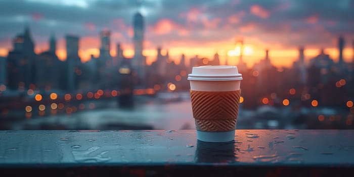 Cup of Coffee on the balcony with view on the city skyline