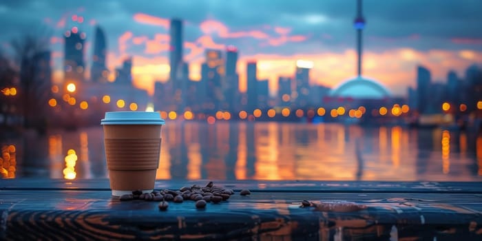 Cup of Coffee on the balcony with view on the city skyline