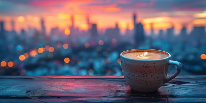 Cup of Coffee on the balcony with view on the city skyline