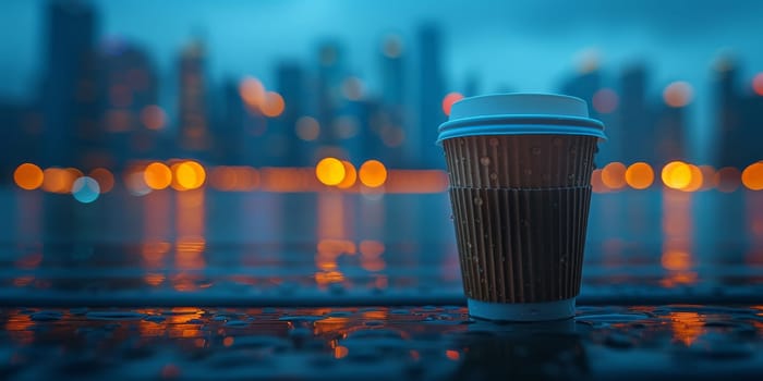 Cup of Coffee on the balcony with view on the city skyline