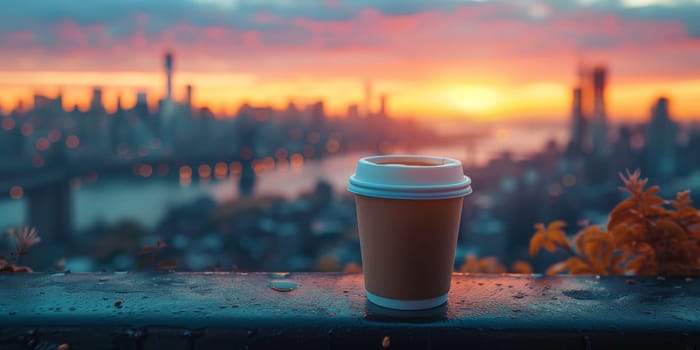 Cup of Coffee on the balcony with view on the city skyline