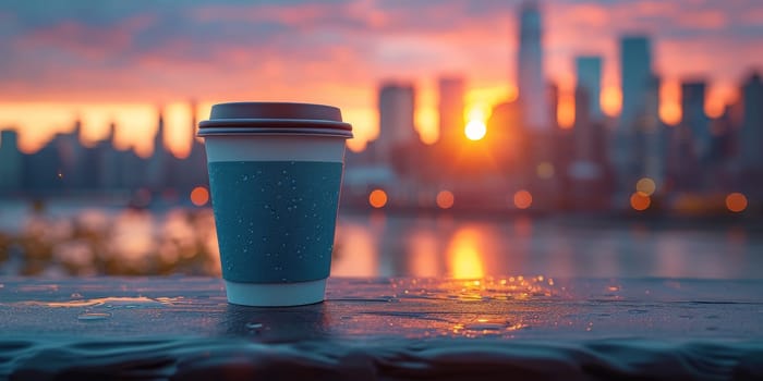 Cup of Coffee on the balcony with view on the city skyline