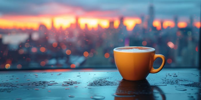 Cup of Coffee on the balcony with view on the city skyline