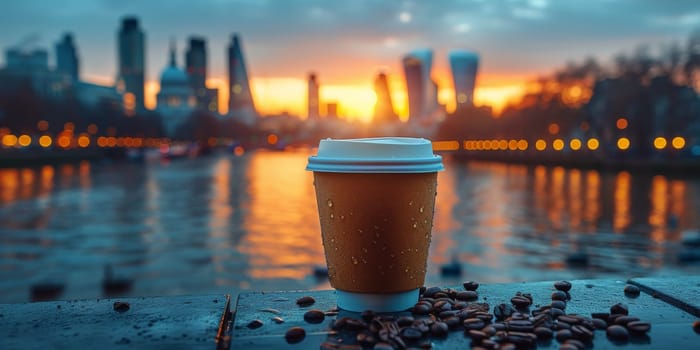 Cup of Coffee on the balcony with view on the city skyline